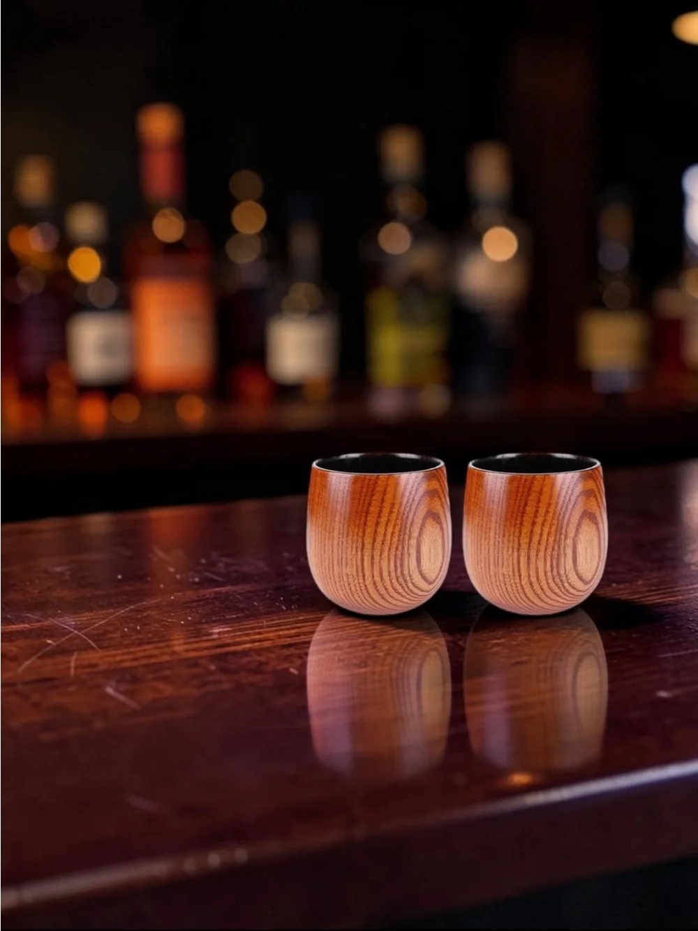 2 Handcrafted Charred Wooden Bourbon Whisky Tumblers with Stones - New in Box